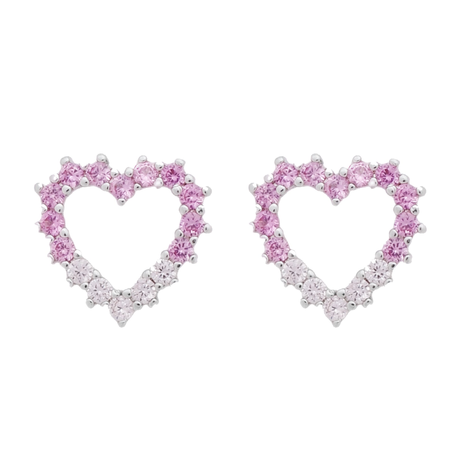 Conjunto Prateado de Coração Vazado Cravejado de Zircônia Rosa Dois Tons